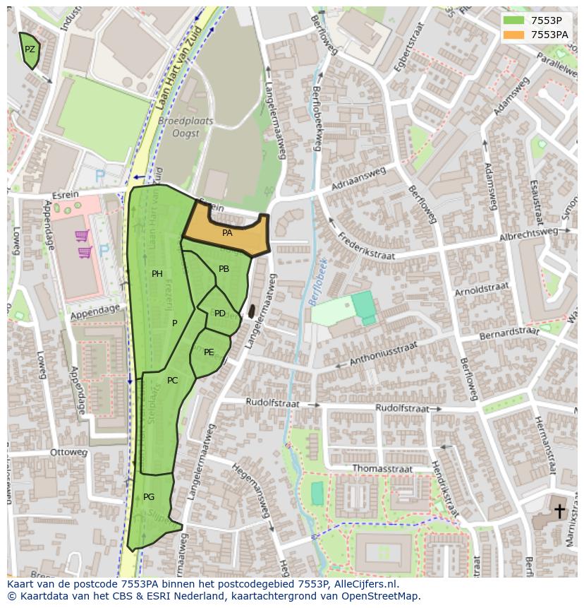 Afbeelding van het postcodegebied 7553 PA op de kaart.