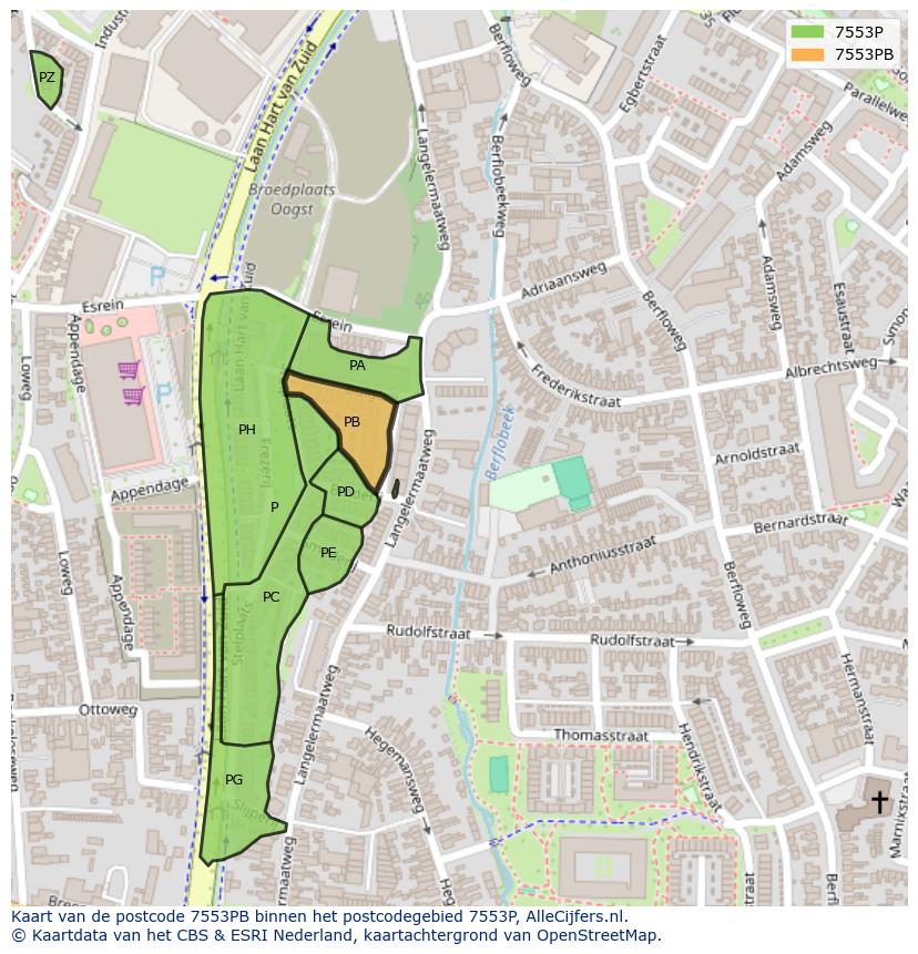 Afbeelding van het postcodegebied 7553 PB op de kaart.