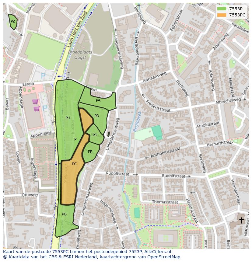 Afbeelding van het postcodegebied 7553 PC op de kaart.