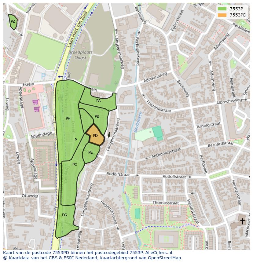 Afbeelding van het postcodegebied 7553 PD op de kaart.