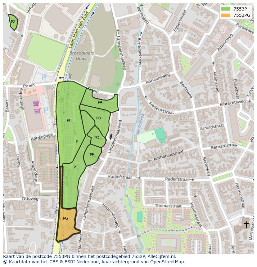 Afbeelding van het postcodegebied 7553 PG op de kaart.