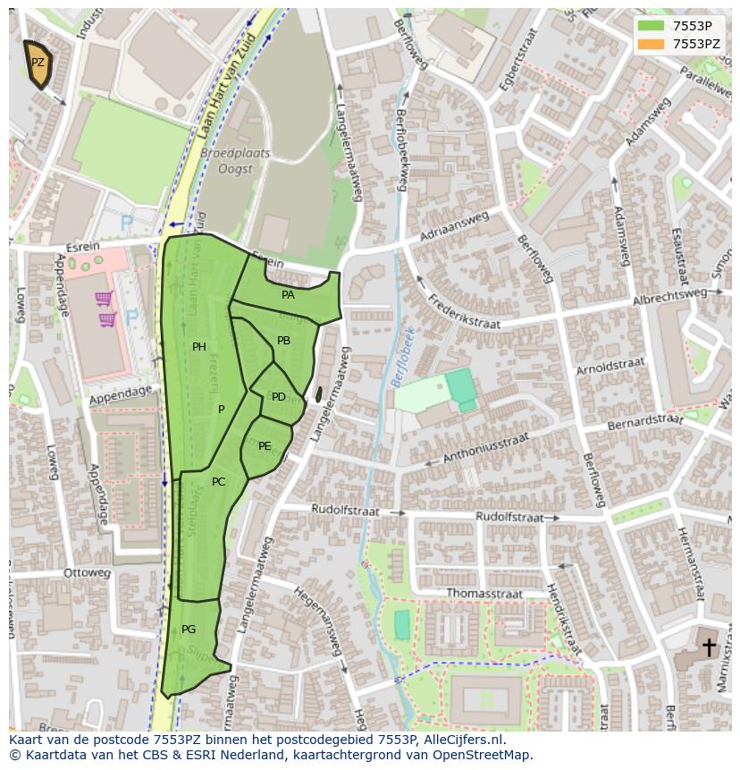 Afbeelding van het postcodegebied 7553 PZ op de kaart.