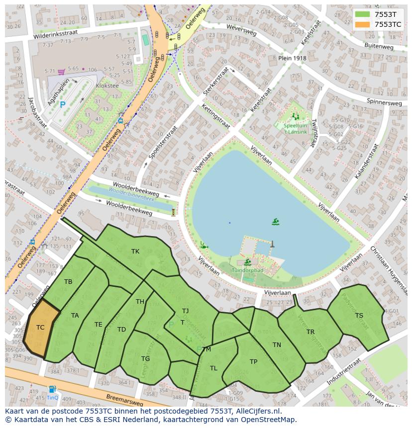 Afbeelding van het postcodegebied 7553 TC op de kaart.