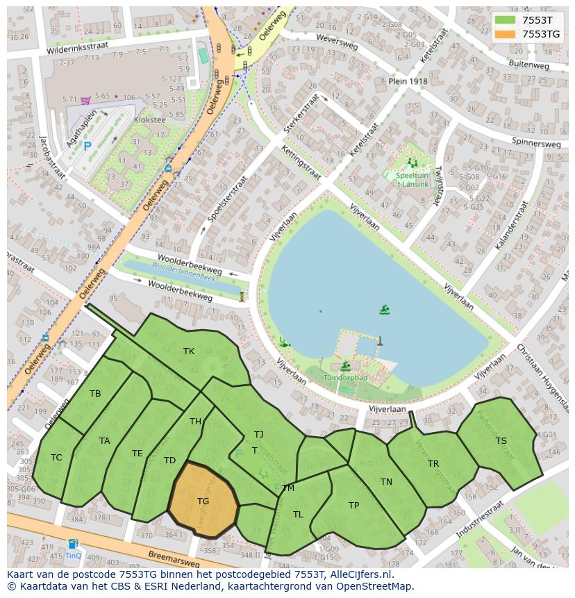 Afbeelding van het postcodegebied 7553 TG op de kaart.