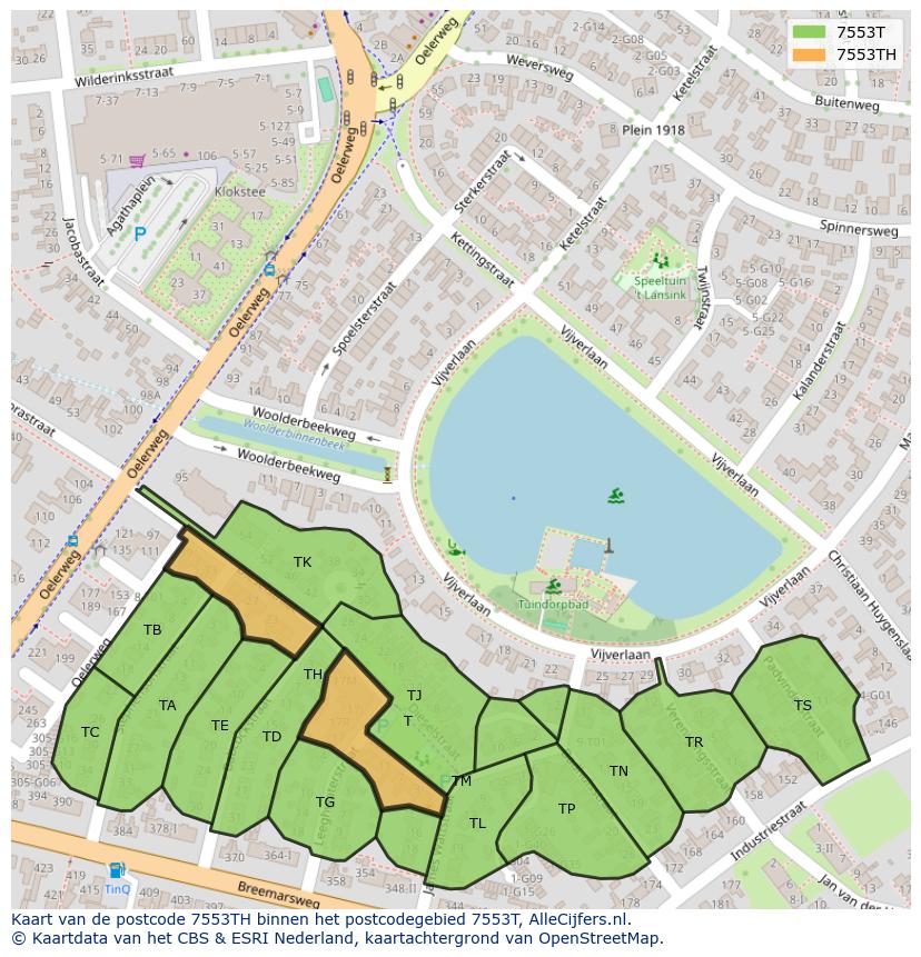 Afbeelding van het postcodegebied 7553 TH op de kaart.