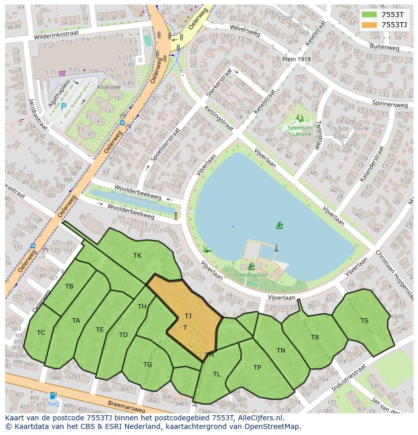 Afbeelding van het postcodegebied 7553 TJ op de kaart.