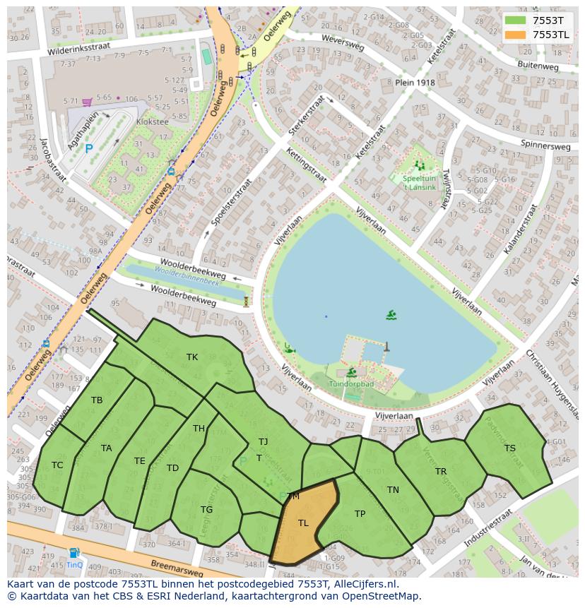 Afbeelding van het postcodegebied 7553 TL op de kaart.