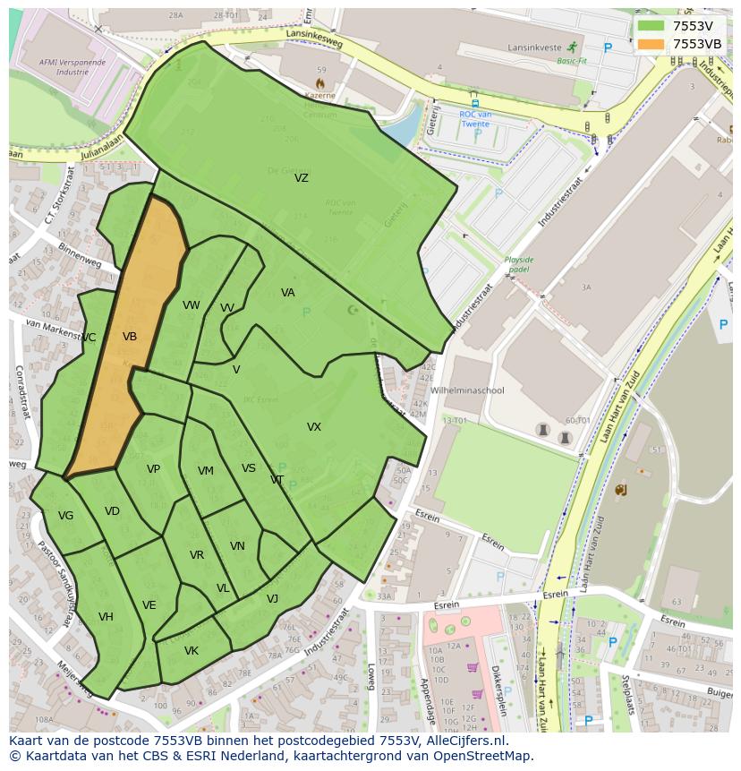 Afbeelding van het postcodegebied 7553 VB op de kaart.