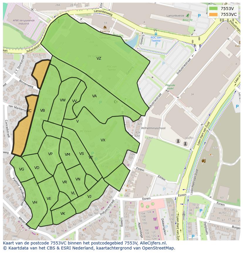 Afbeelding van het postcodegebied 7553 VC op de kaart.