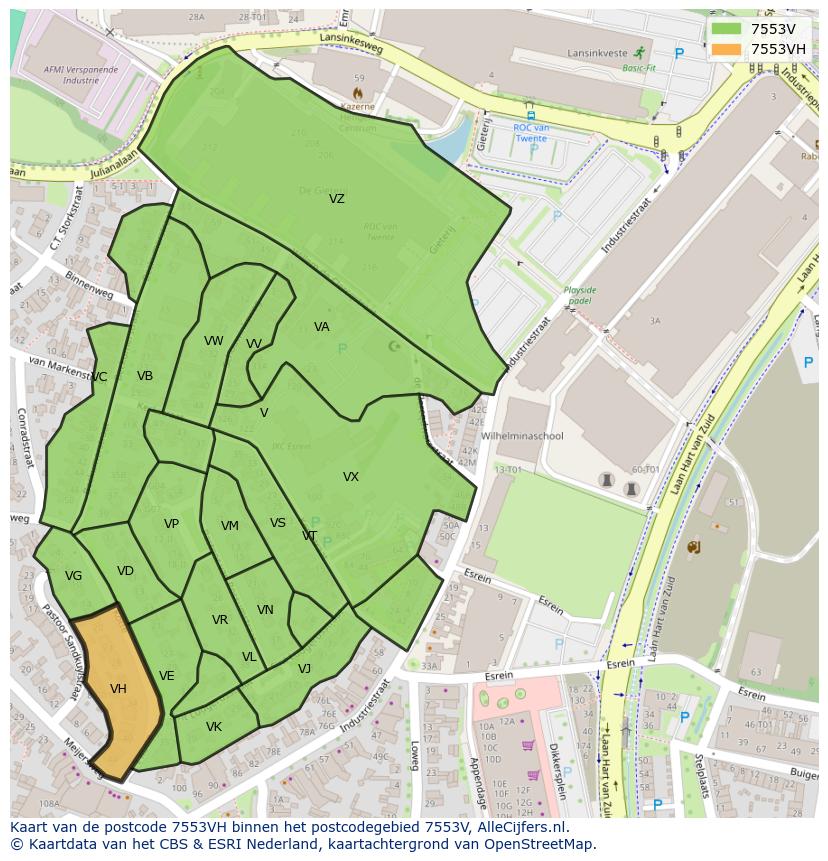 Afbeelding van het postcodegebied 7553 VH op de kaart.