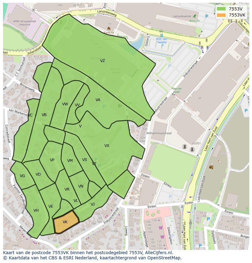 Afbeelding van het postcodegebied 7553 VK op de kaart.