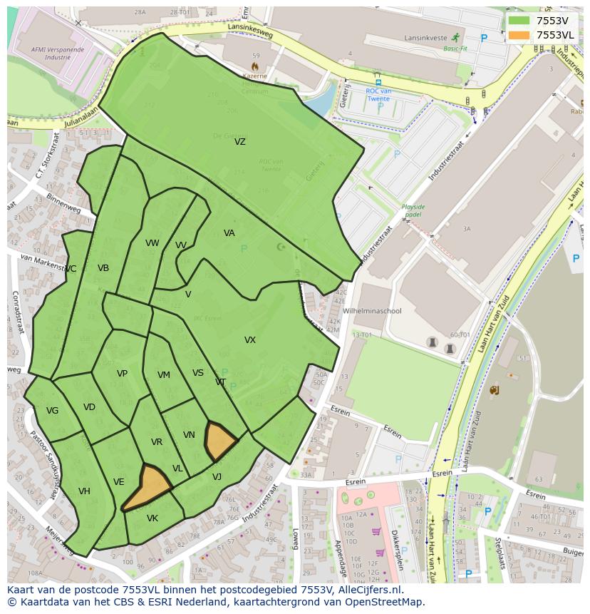 Afbeelding van het postcodegebied 7553 VL op de kaart.