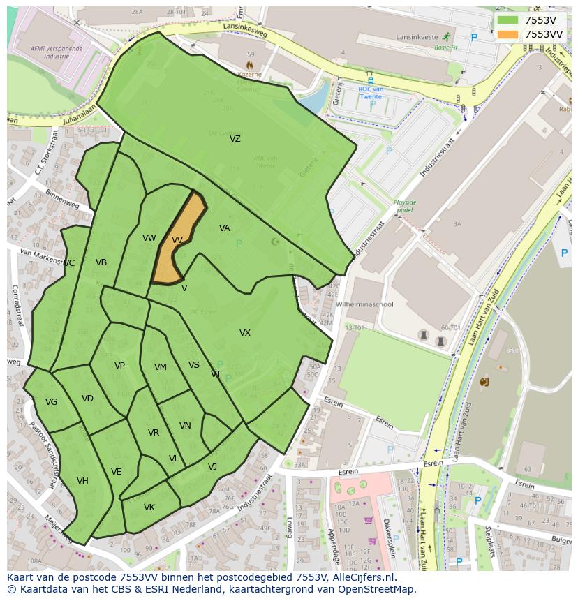 Afbeelding van het postcodegebied 7553 VV op de kaart.