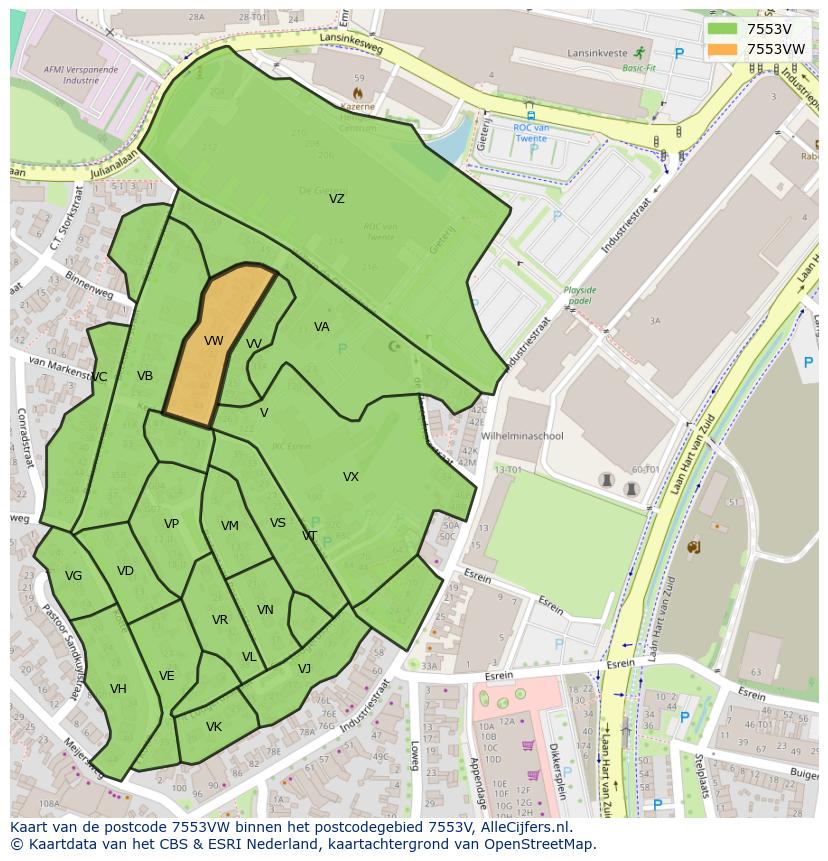 Afbeelding van het postcodegebied 7553 VW op de kaart.