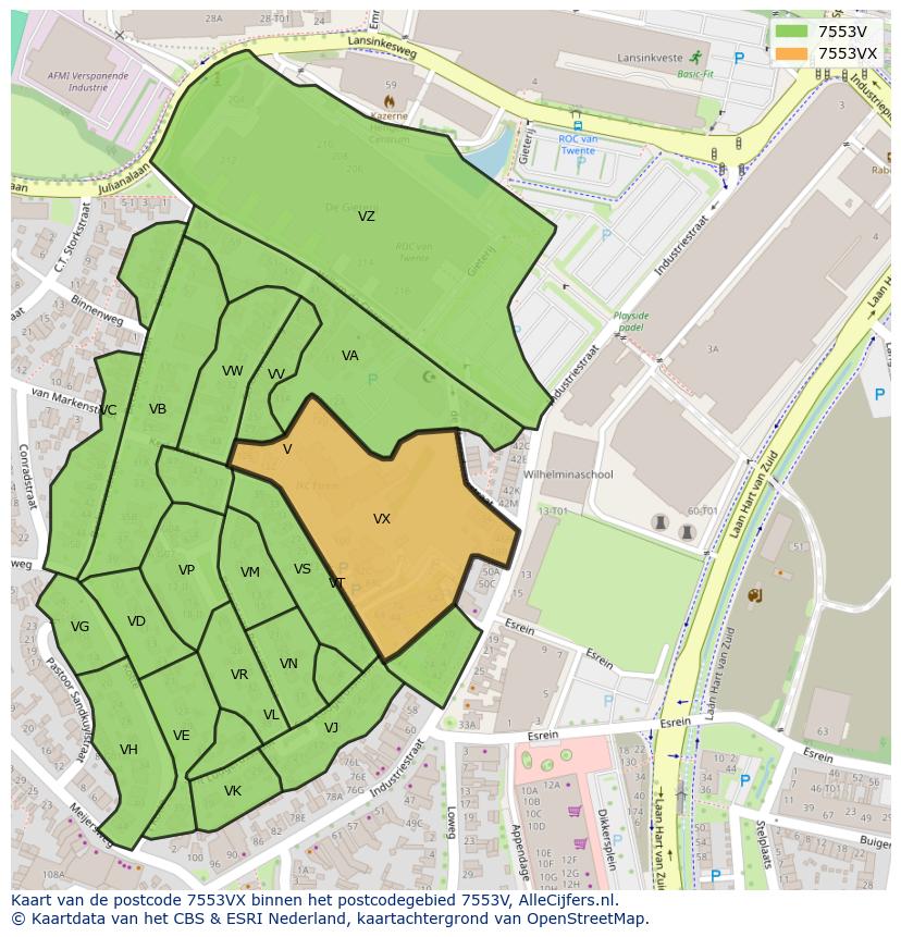Afbeelding van het postcodegebied 7553 VX op de kaart.