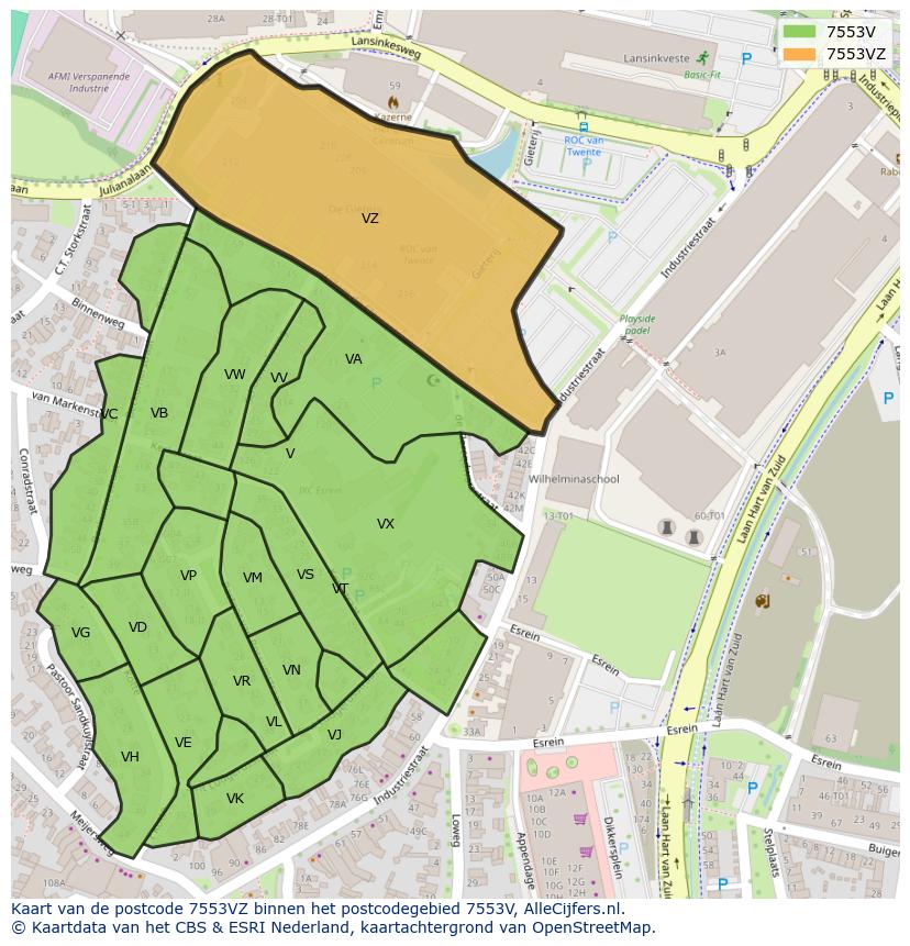 Afbeelding van het postcodegebied 7553 VZ op de kaart.