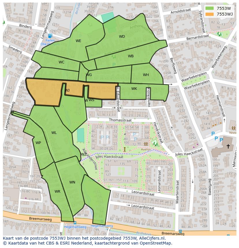 Afbeelding van het postcodegebied 7553 WJ op de kaart.