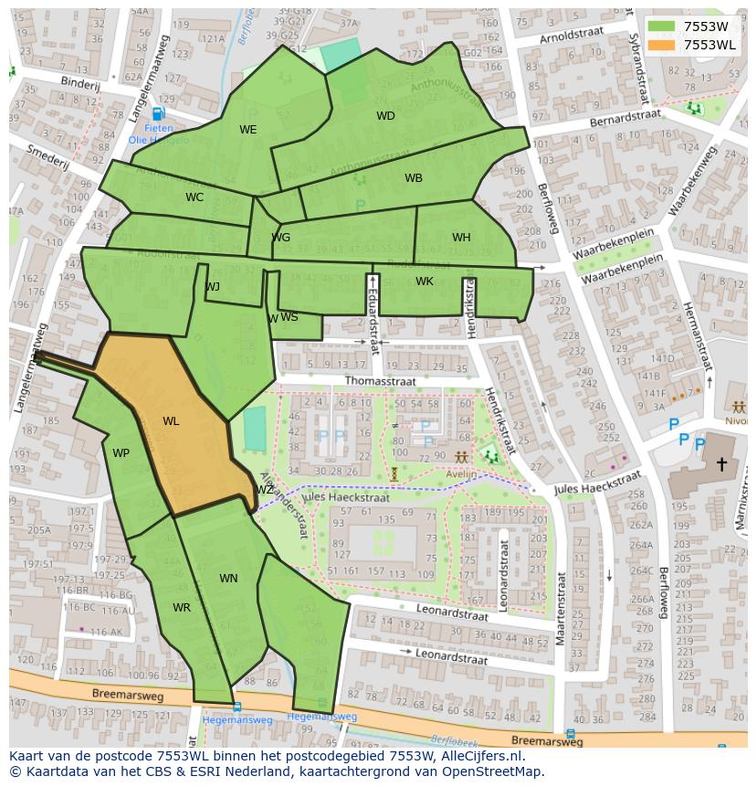 Afbeelding van het postcodegebied 7553 WL op de kaart.