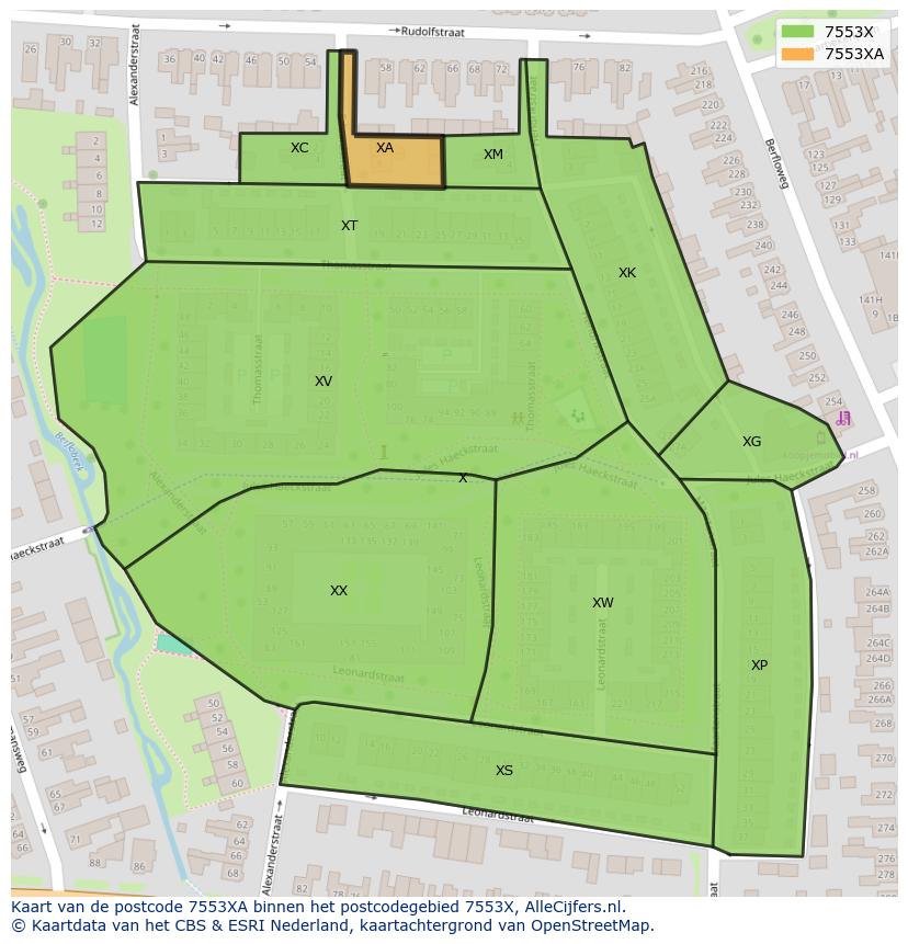 Afbeelding van het postcodegebied 7553 XA op de kaart.