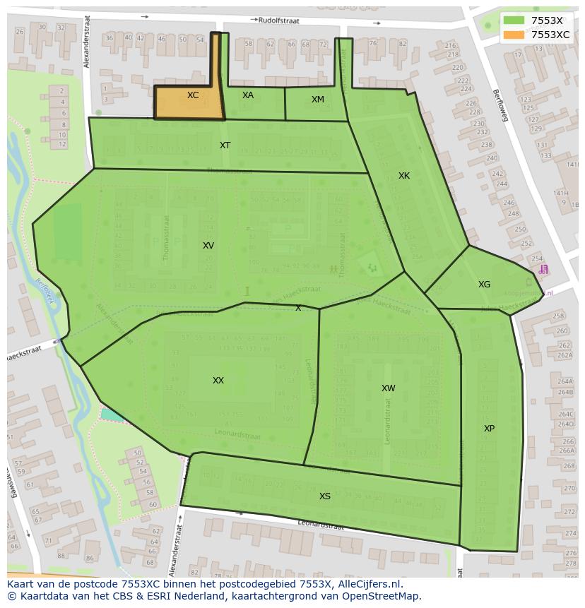 Afbeelding van het postcodegebied 7553 XC op de kaart.
