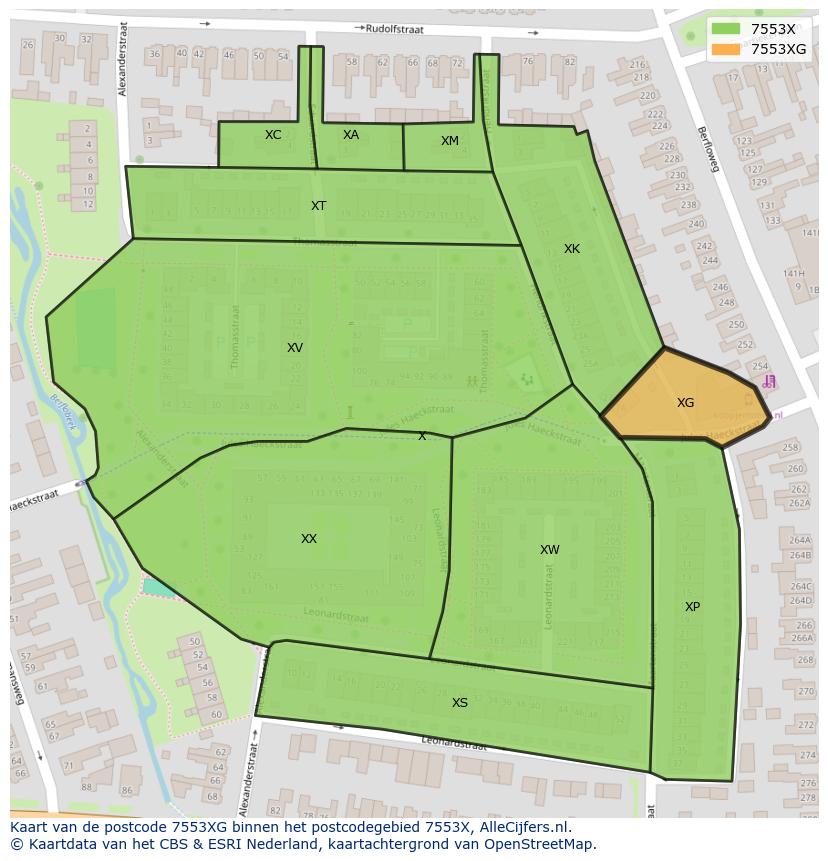 Afbeelding van het postcodegebied 7553 XG op de kaart.
