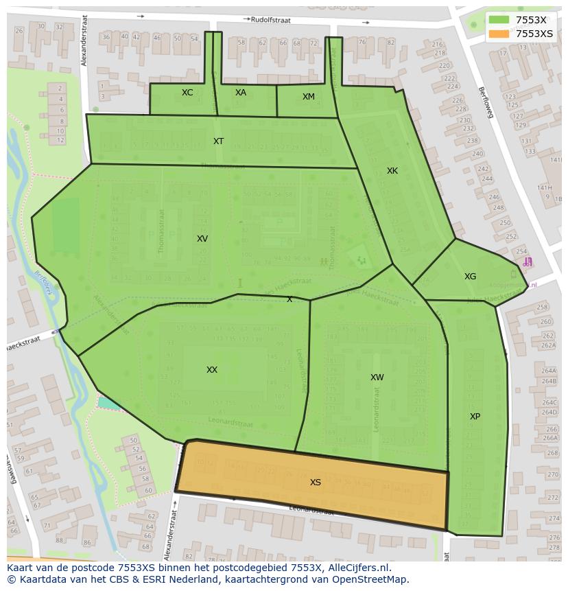 Afbeelding van het postcodegebied 7553 XS op de kaart.