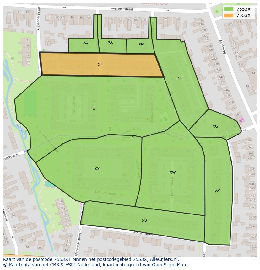 Afbeelding van het postcodegebied 7553 XT op de kaart.