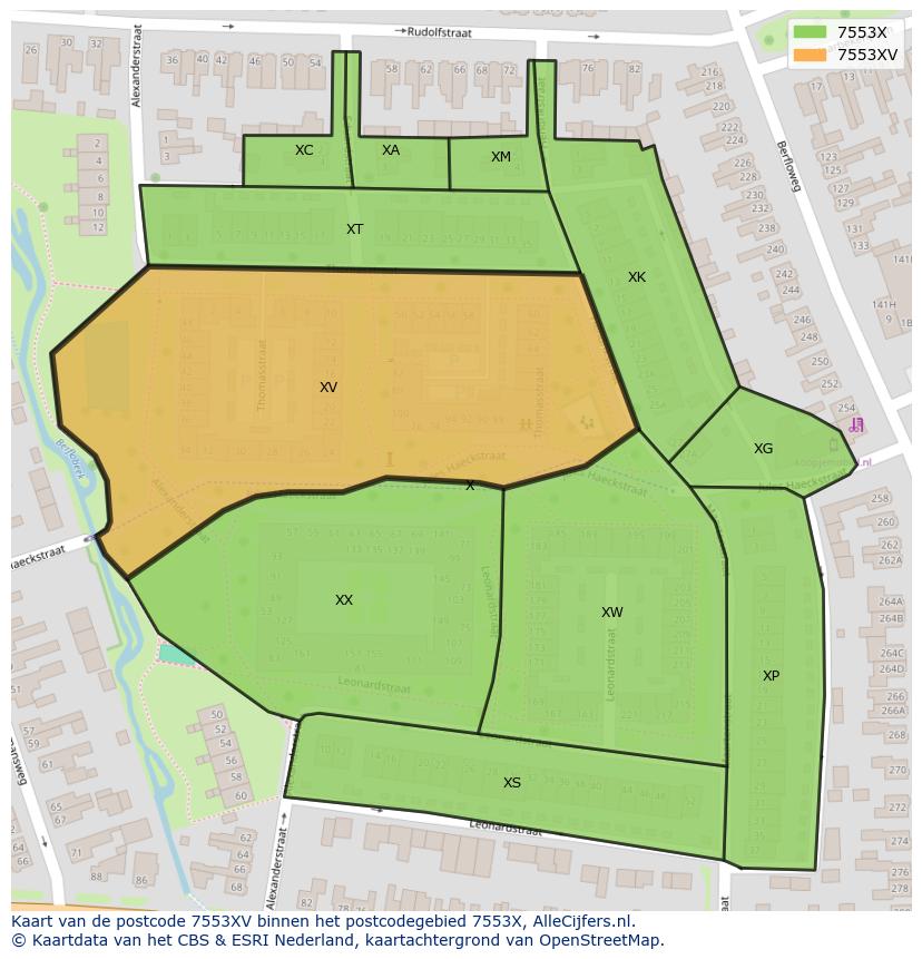 Afbeelding van het postcodegebied 7553 XV op de kaart.