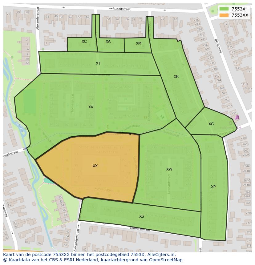 Afbeelding van het postcodegebied 7553 XX op de kaart.