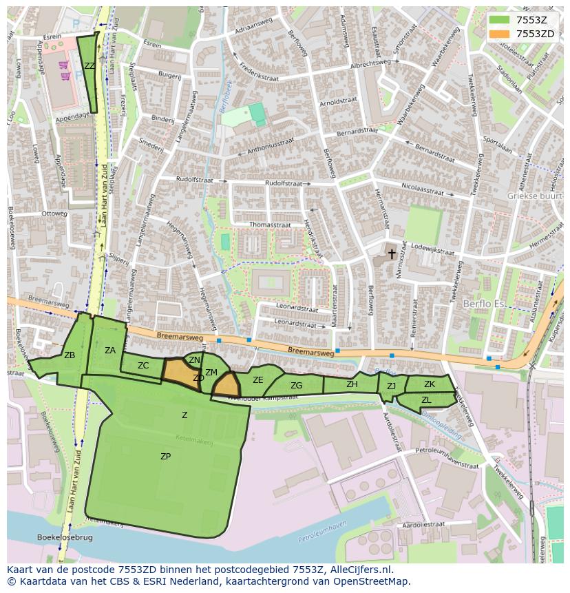 Afbeelding van het postcodegebied 7553 ZD op de kaart.