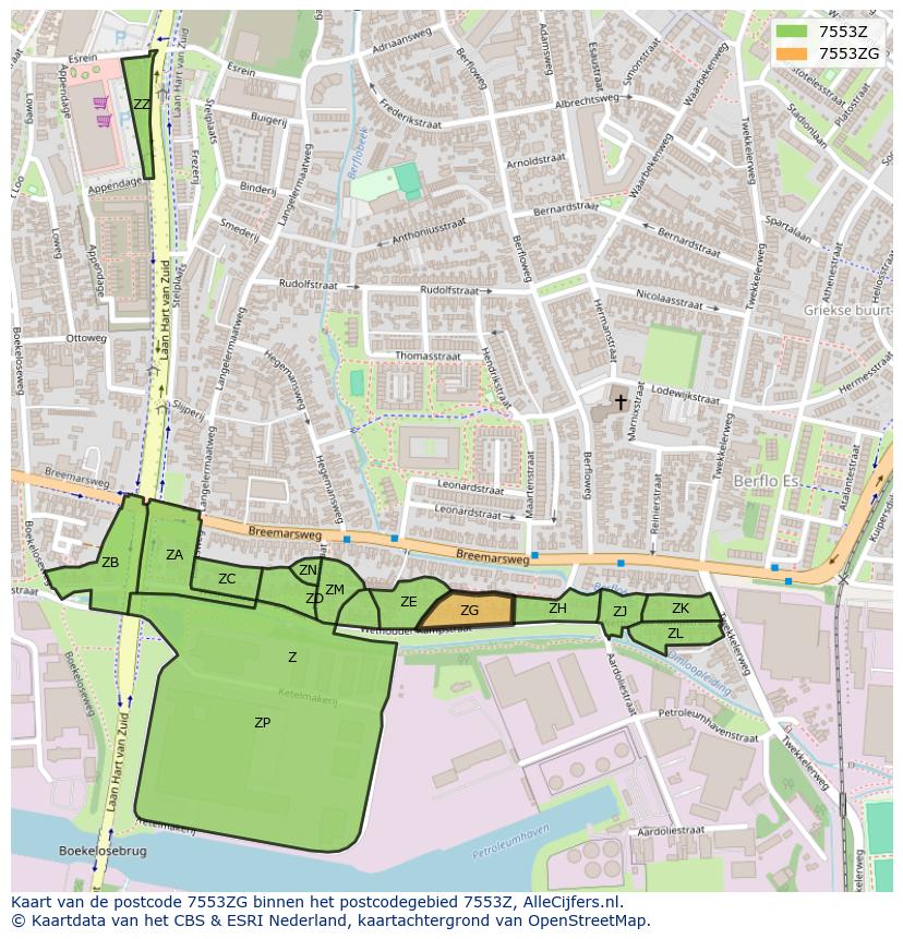 Afbeelding van het postcodegebied 7553 ZG op de kaart.