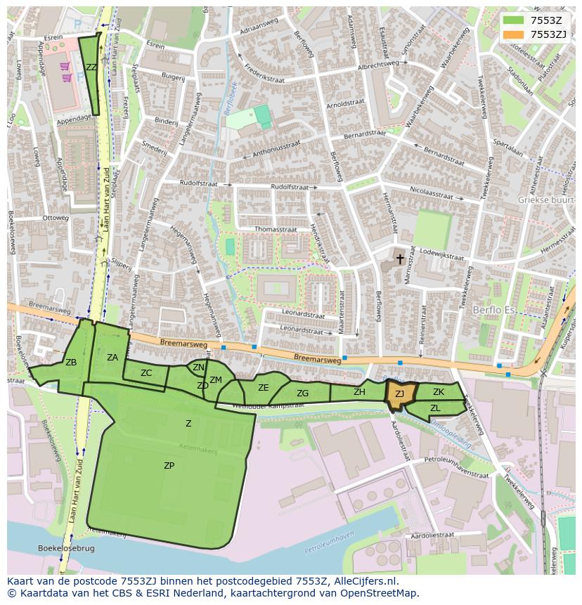 Afbeelding van het postcodegebied 7553 ZJ op de kaart.