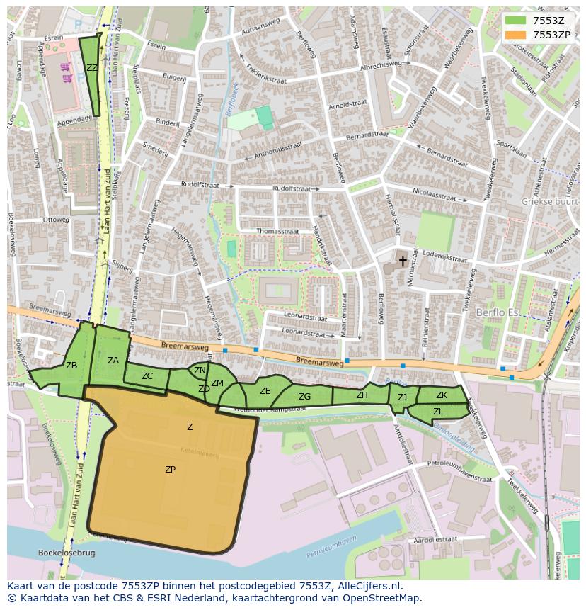 Afbeelding van het postcodegebied 7553 ZP op de kaart.