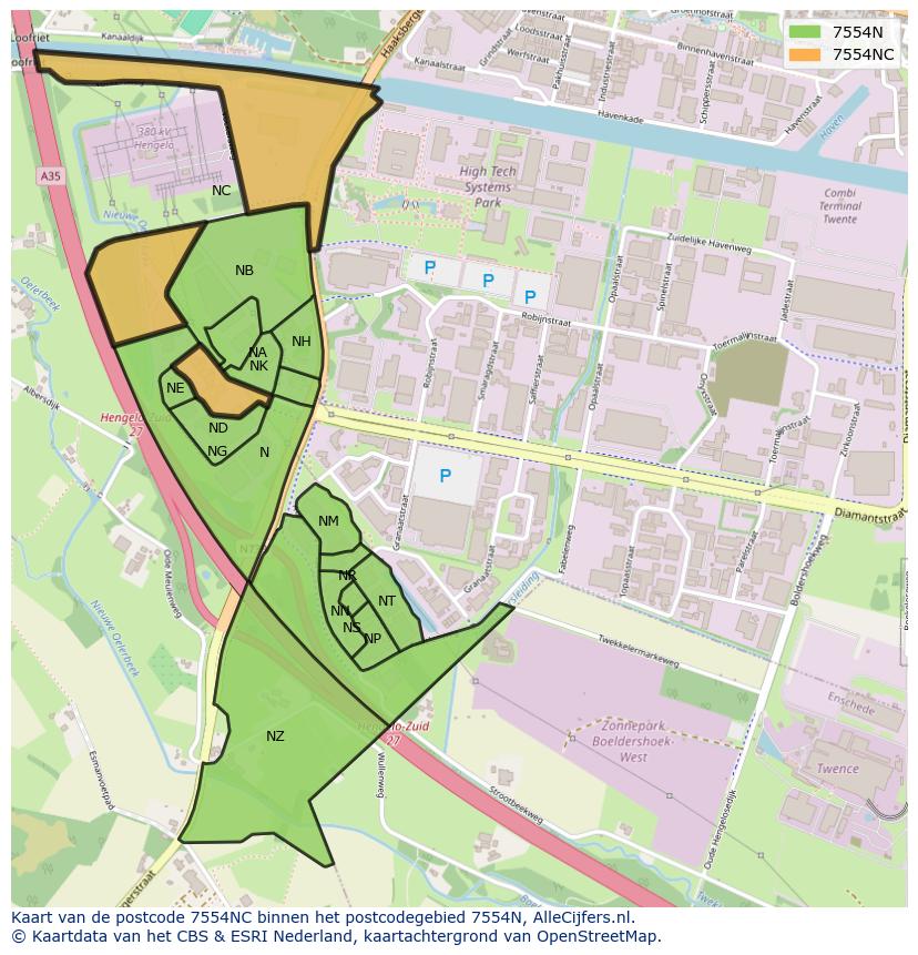 Afbeelding van het postcodegebied 7554 NC op de kaart.