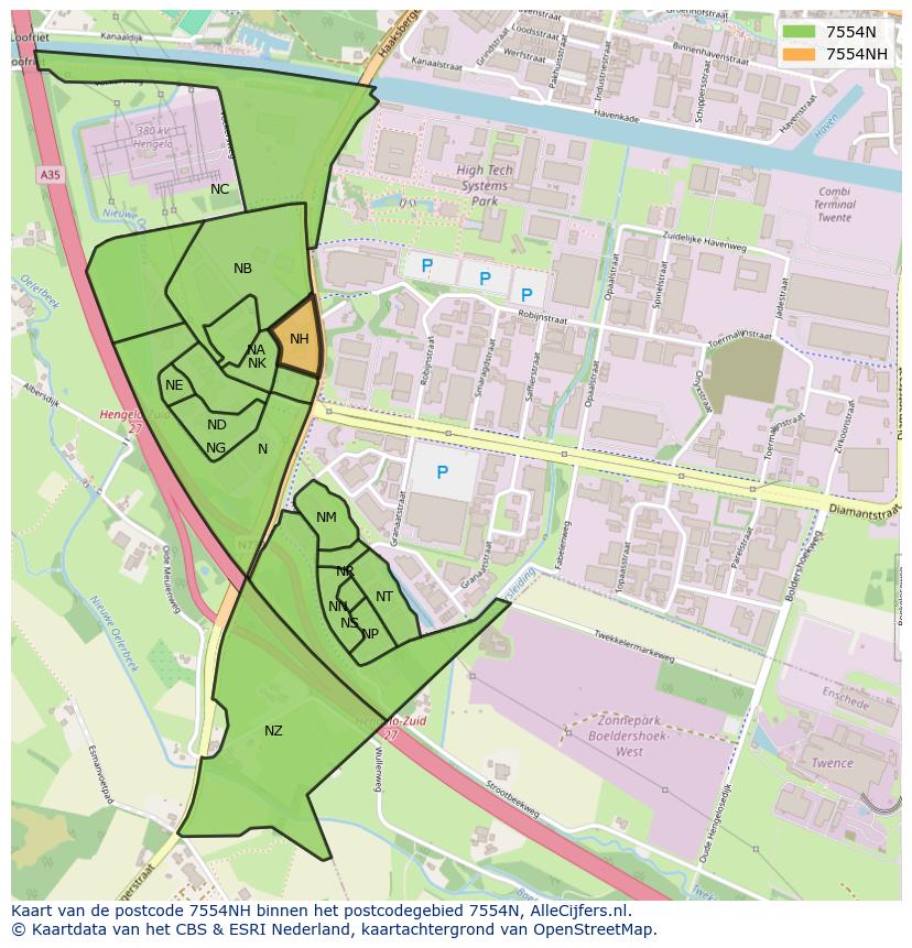 Afbeelding van het postcodegebied 7554 NH op de kaart.