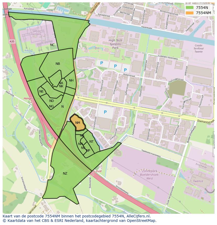 Afbeelding van het postcodegebied 7554 NM op de kaart.