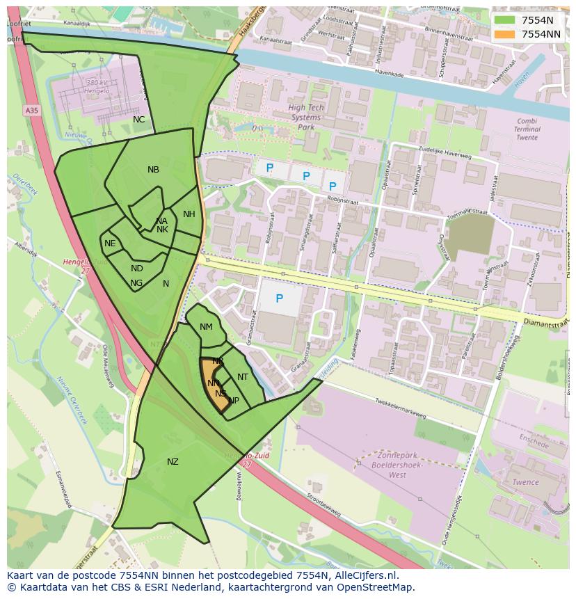 Afbeelding van het postcodegebied 7554 NN op de kaart.
