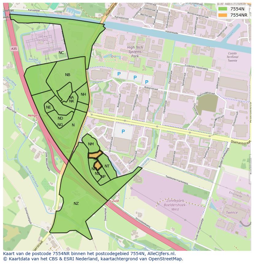 Afbeelding van het postcodegebied 7554 NR op de kaart.