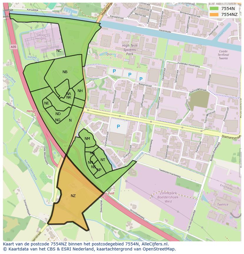 Afbeelding van het postcodegebied 7554 NZ op de kaart.