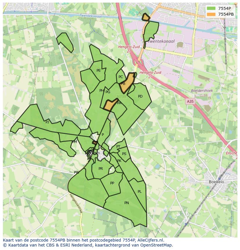 Afbeelding van het postcodegebied 7554 PB op de kaart.