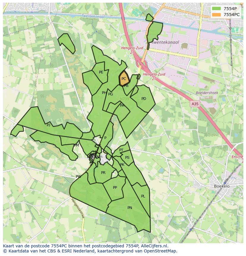 Afbeelding van het postcodegebied 7554 PC op de kaart.