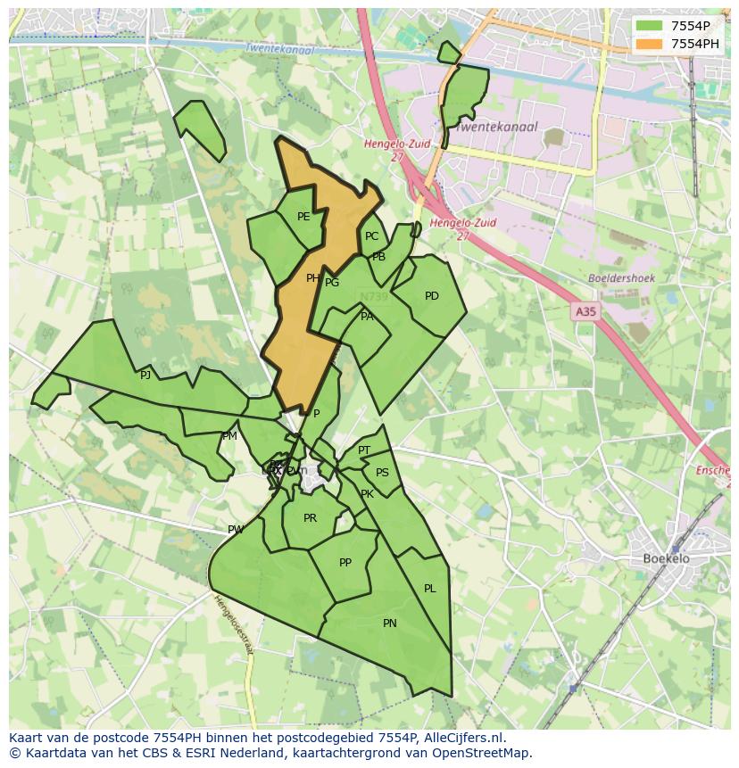 Afbeelding van het postcodegebied 7554 PH op de kaart.