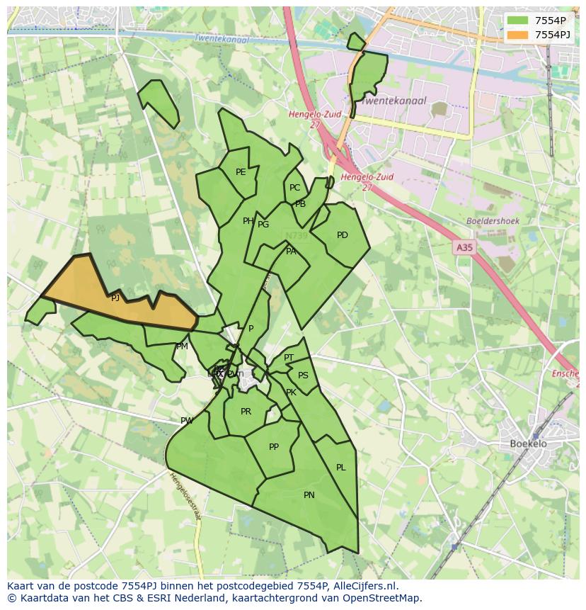 Afbeelding van het postcodegebied 7554 PJ op de kaart.