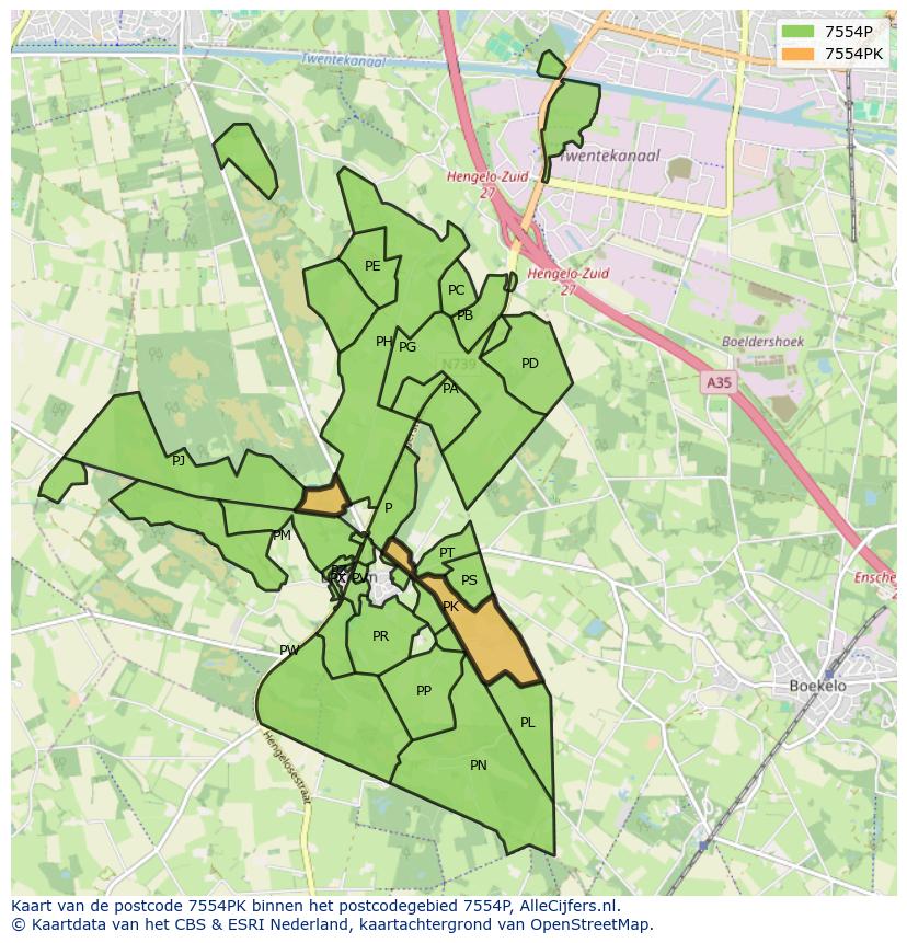 Afbeelding van het postcodegebied 7554 PK op de kaart.