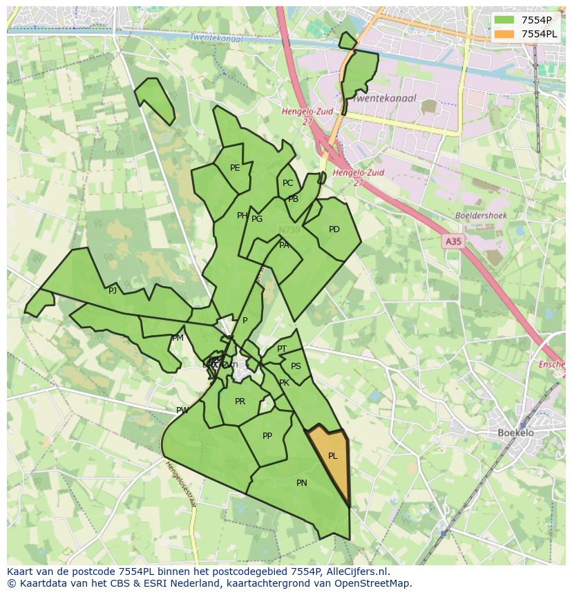 Afbeelding van het postcodegebied 7554 PL op de kaart.