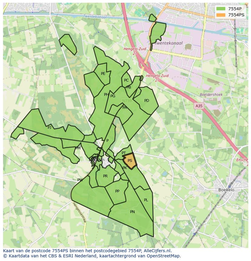 Afbeelding van het postcodegebied 7554 PS op de kaart.