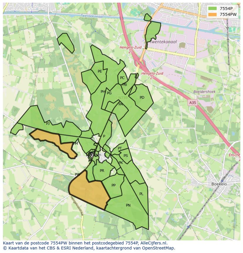 Afbeelding van het postcodegebied 7554 PW op de kaart.