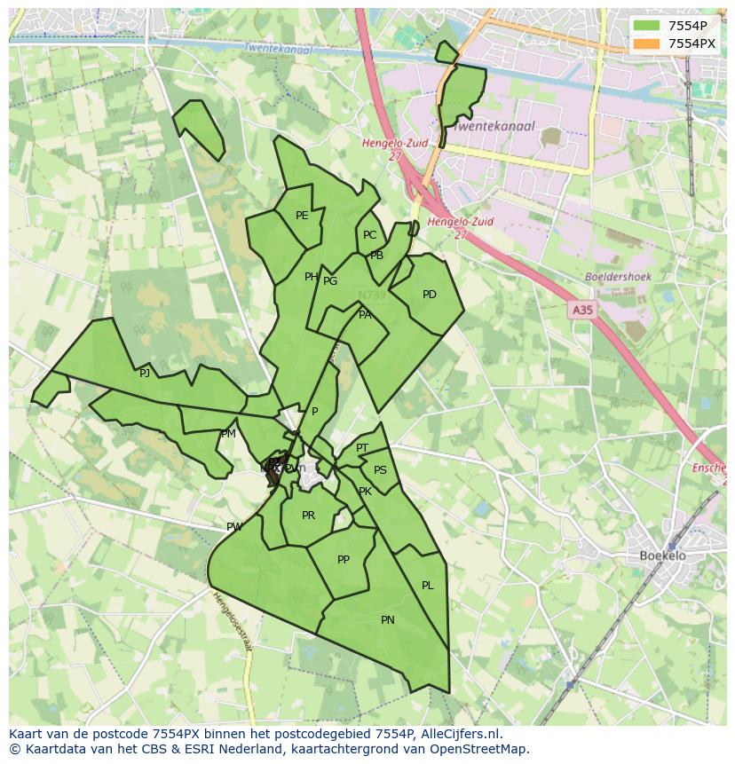 Afbeelding van het postcodegebied 7554 PX op de kaart.