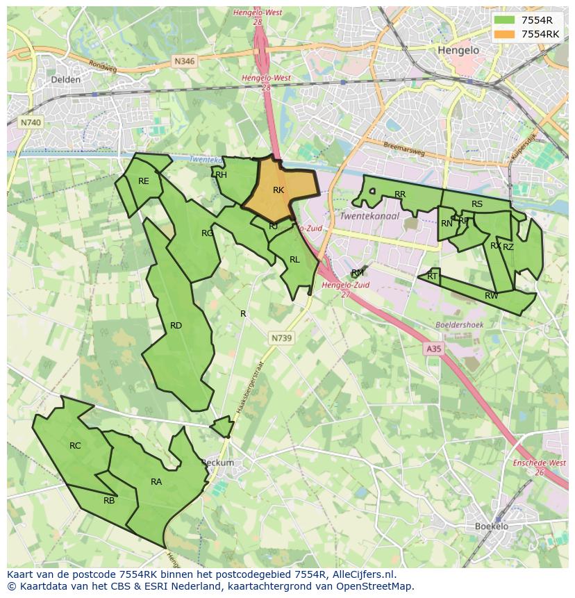 Afbeelding van het postcodegebied 7554 RK op de kaart.