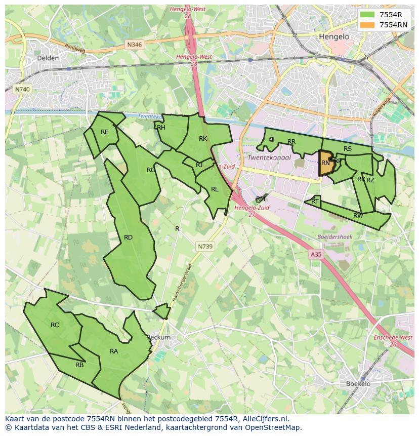 Afbeelding van het postcodegebied 7554 RN op de kaart.